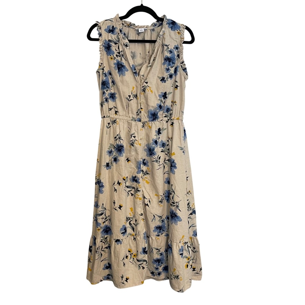 Liz Claiborne Floral Cotton Linen Sleeveless Midi Dress Blue Yellow Beige Small